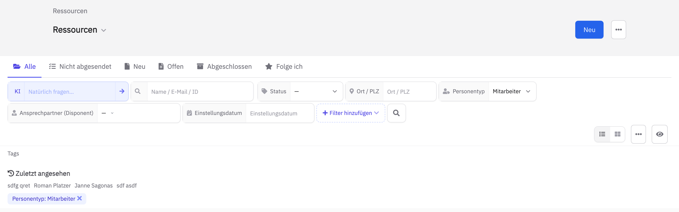 Filterleiste mit aktiven Filtern