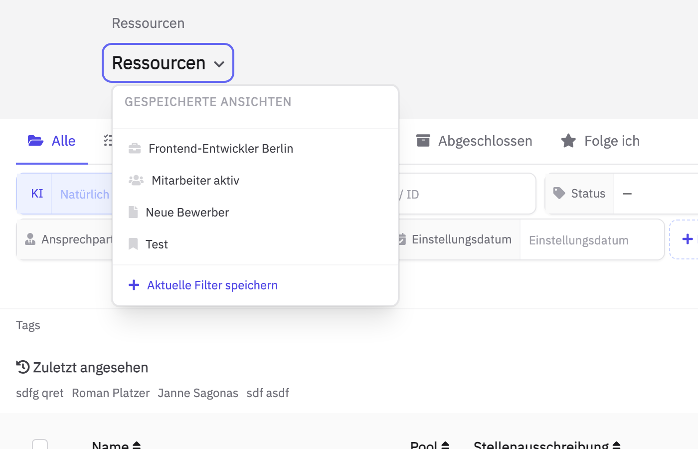 Aktuelle Filter als Ansicht speichern